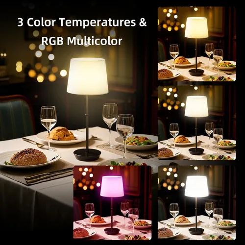 Vista 7 de lámpara de mesa recargable, lámpara de escritorio inalámbrica con batería de 5000mAh, bombillas RGB magnéticas regulables y control remoto, lámpara