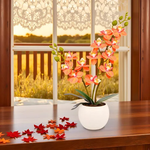 Vista 4 de Orquídea Artificial Flor Naranja en Maceta Blanca, Orquídea Phalaenopsis Sintética de Tacto Real para Decoración de Boda, Hogar, Oficina, Fiesta