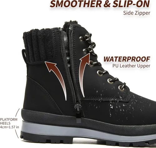 Vista 3 de BABUDOG Botines impermeables para mujer para exteriores (sin suela antideslizante), botas de combate de moda con cremallera lateral, botas de nieve