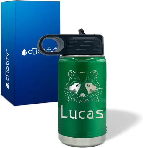 Vista 49 de Botella de agua para niños personalizada con nombre en botella de agua aislada con anillo verde mate de 12 onzas