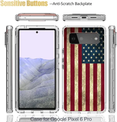 Vista 5 de Funda para Pixel 6 Pro, para Google 6Pro G8VOU, cubierta protectora de cuerpo completo con bonito patrón de bandera transparente para Google Pixel 6