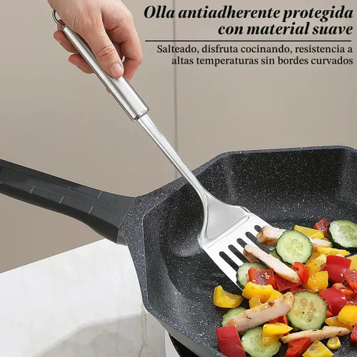 Vista 4 de Juego de espátulas de acero inoxidable, espátula ranurada plateada, espátula de cocina resistente, resistente al calor, utensilios de cocina ideales