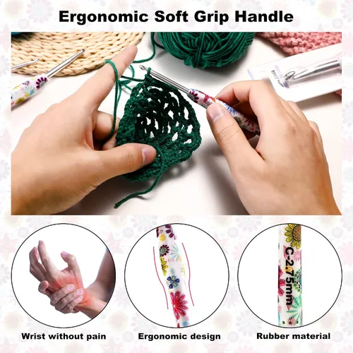 Vista 5 de Gancho de Crochet de 2.25mm, Mango Ergonómico para Manos con Artritis, Agujas de Tejer Extra Largas de Goma Suave para Principiantes y Tejido