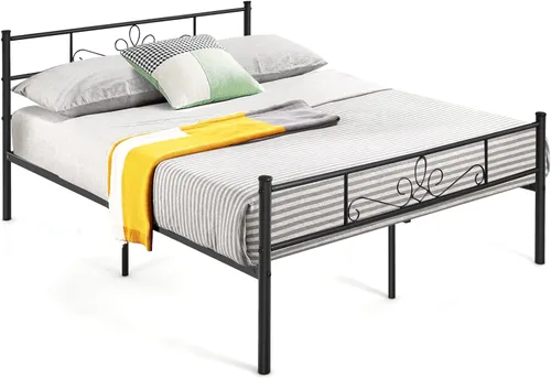 Vista 8 de KOMFOTT Base de cama de plataforma metálica de tamaño matrimonial con cabecera y estribo, base de colchón con listones de metal reforzados,