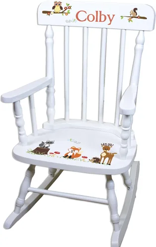 Vista 3 de My Bambino Mecedora de madera personalizada para niños Mecedora para niños con temática de animales del bosque Silla infantil con nombre