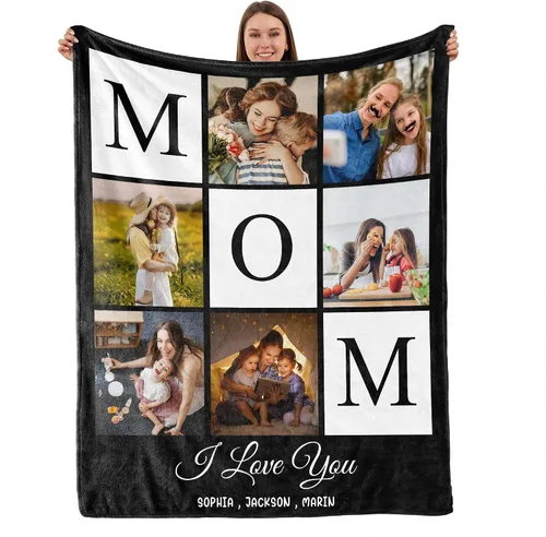 Vista 8 de TURMTF Manta personalizada con foto para mamá de hija e hijo, regalos de boda personalizados para ella, él, pareja, esposa, marido, novia, novio