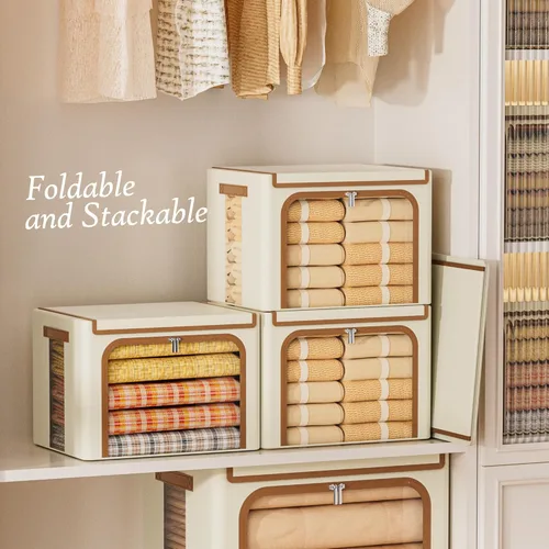 Vista 6 de Yecaye Cajas de Almacenamiento de Ropa con Marco de Metal, Caja de Almacenamiento de Ropa Plegable con Tapa, Caja Organizadora Apilable de Tela