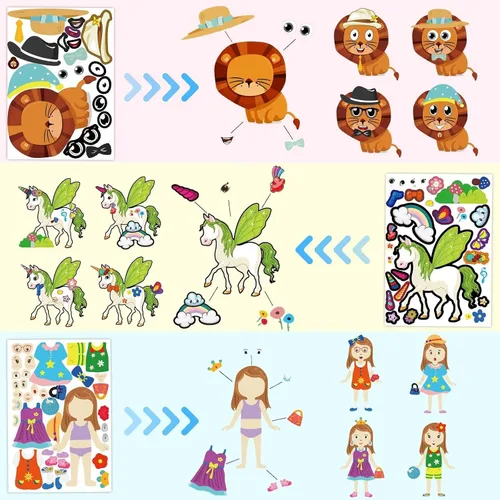 Vista 2 de Paquete de 100 calcomanías para hacer tu propia cara de animal, 25 diseños, divertidas calcomanías de cara de princesa princesa princesa para niños