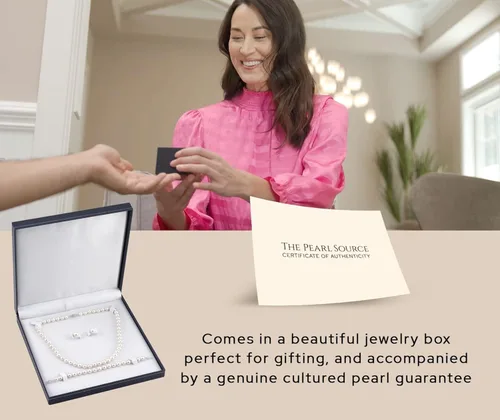 Vista 3 de Juego de joyas de perlas de oro de 14 quilates para mujer, collar y aretes de perlas de agua dulce con pulsera de perlas Perlas cultivadas