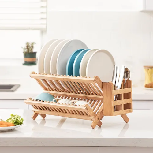 Vista 2 de HBlife Escurreplatos de Bambú, Plegable de 2 Niveles, Collapsible, con Soporte para Utensilios de Cocina