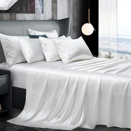 Vista 10 de Manyshofu Juego de sábanas de satén negro de 7 piezas, ropa de cama lujosa y suave de satén, 1 sábana bajera, 1 sábana encimera, 4 fundas