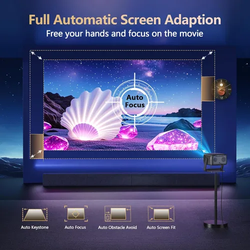 Vista 5 de 3200 ANSI/Aplicaciones oficiales/Proyector 4K con soporte de 360° con WiFi y Bluetooth, enfoque automático, proyector de corto alcance Keystone
