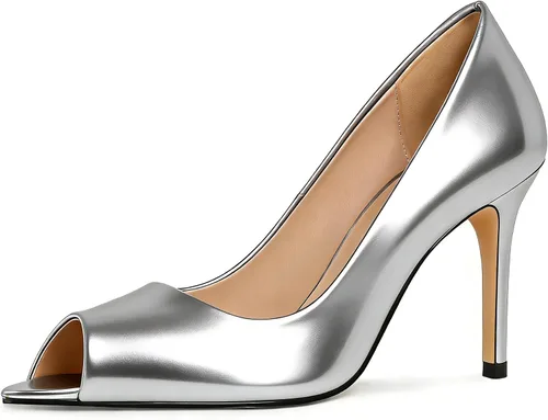 Vista 27 de Eldof Zapatos de tacón alto con punta abierta para mujer, con puntera abierta, para boda, sexy, para novia, clásicos, de 3.5 pulgadas Beige