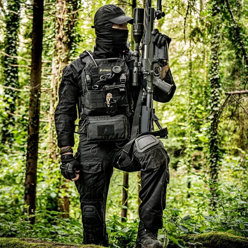 Vista 5 de YEVHEV Conjunto de ropa militar de combate G3, ropa táctica de camuflaje, uniforme de caza, equipo de paintball con rodilleras para hombres Negro