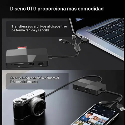 Vista 7 de Lector de tarjetas de memoria 8 en 1 con 3 puertos USB, adaptador Lightning/USB-C/USB-A para iPhone/Android/PC/Mac, compatible con tarjetas