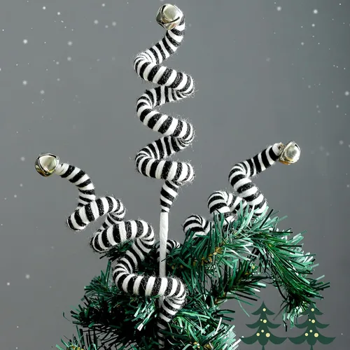 Vista 5 de Juego de 4 adornos para árbol de Navidad, picos rizados de color negro y blanco, campanas de lana, adornos para Halloween, hogar, oficina, fiesta