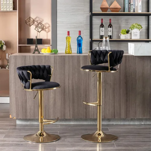 Vista 5 de Juego de 2 taburetes de bar tejidos de terciopelo, taburetes de cocina de altura ajustable, silla de isla, sillas de bar giratorias de 360°, chasis