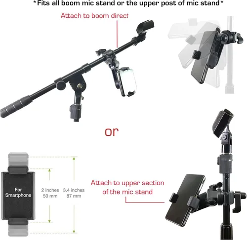 Vista 3 de AccessoryBasics, Music Boom, soporte para micrófono y celulares con base giratoria de 360º ajustable para Smartphone Apple iPhone X 8 7 Plus 6s
