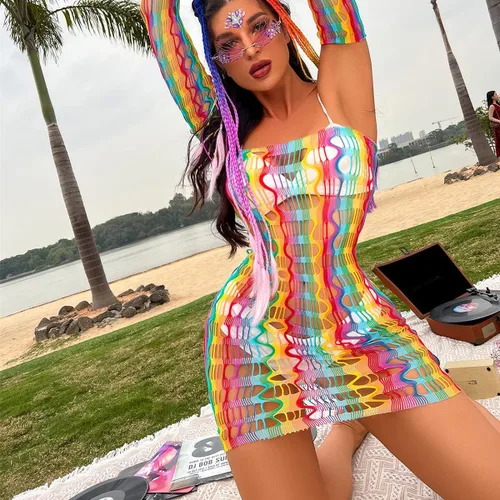 Vista 6 de Sexy vestido de red de arco iris para mujer, traje de baño elástico para mujer, body de malla transparente, ropa de dormir