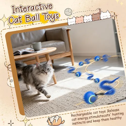 Vista 4 de 1 pelota interactiva de juguete para gatos, cola rápida y cola de gato en movimiento, juguetes interactivos para interiores para aburrimiento, Azul
