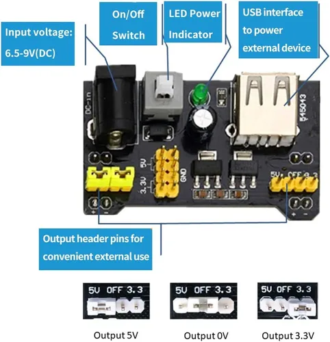 Vista 3 de Kit de módulo de alimentación de Breadboard 7 en 1 compatible con Arduino/Raspberry Pi 2 módulos de fuente de alimentación de 3.3 V/5 V