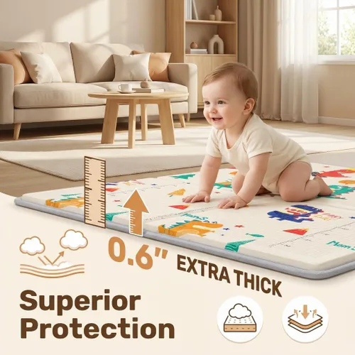 Vista 3 de Alfombra de juego extra grande para bebés de 79 x 59 pulgadas, espuma protectora gruesa de 0.6 pulgadas (no tela), impermeable, plegable y portátil