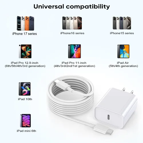 Vista 3 de Cargador de carga rápida para iPhone 17 de 10 pies, adaptador de bloque de carga rápida USBC de 20 W con cable USB C a USB C de 10 pies de largo