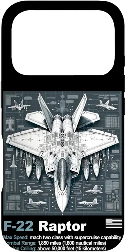 Vista 30 de F22 Raptor Fighter Jet Blueprint - Funda para iPhone 16, diseño técnico y especificaciones