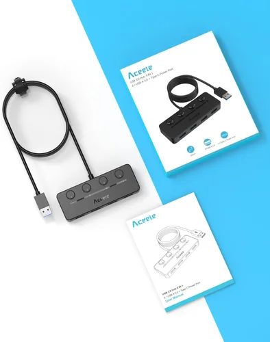 Vista 9 de Aceele Hub USB 3.0 con interruptores de alimentación LED individuales y puerto de alimentación tipo C, divisor USB multipuerto 3.0 con cable de 4
