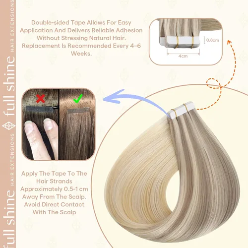 Vista 71 de Full Shine - Extensiones de cabello humano con cinta, mezcla de rubio hongo # 8 castaño ceniza resaltado 60 rubio ceniza