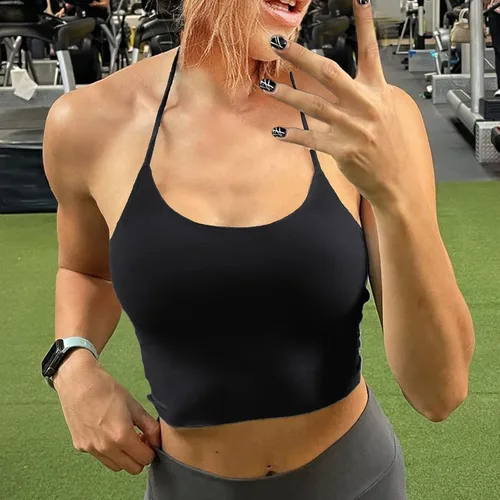 Vista 2 de Sujetador de mujer sin espalda Halter Crop Top acolchado sujetadores deportivos soporte ligero tiras sexy entrenamiento Tank Bras mujeres