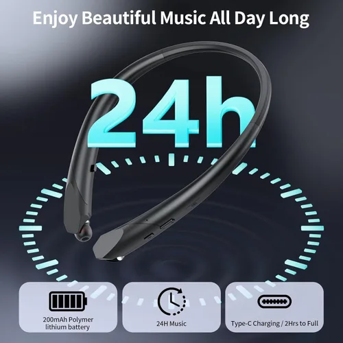 Vista 3 de Auriculares Bluetooth con banda para el cuello con cables retráctiles, batería de 24 horas, auriculares inalámbricos IPX5 a prueba de sudor, sonido