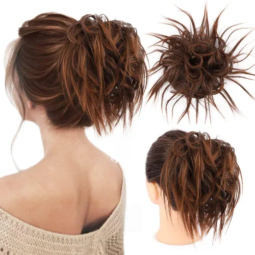 Vista 20 de HMD - Extensiones de cabello tipo chongo alborotado con rodelo despeinado, banda elástica de goma, extensiones de cabello sintético para mujer