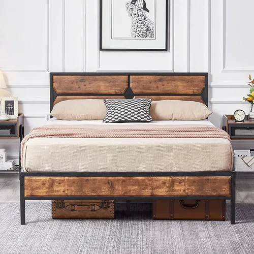 Vista 11 de VECELO Base de cama tamaño Queen con cabecera y estribo de madera, base de colchón de plataforma de cama Queen, soporte de listones de acero,