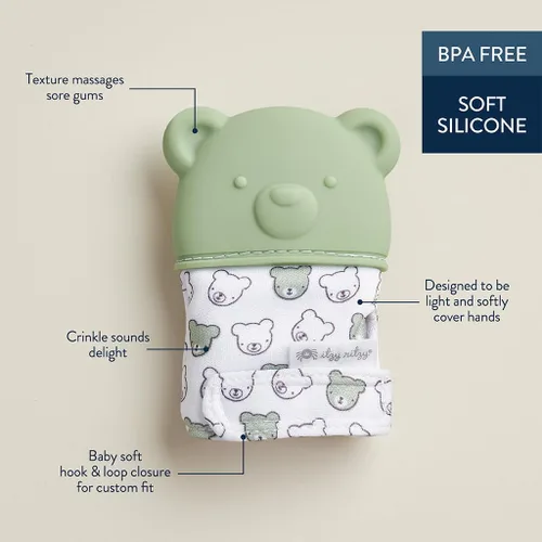 Vista 4 de Itzy Ritzy Manopla de dentición de silicona, manopla calmante para dentición infantil con correa ajustable, sonido arrugado y silicona texturizada