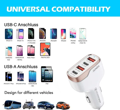 Vista 7 de SUNDA Cargador de Coche USB C Rápido de 60W, Adaptador de Carga de Coche de 4 Puertos, Dual Tipo C PD30W/PPS30W Compatible con iPhone 17/16/15