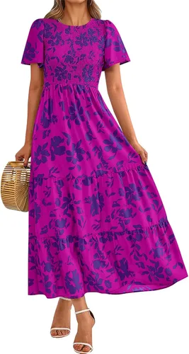 Vista 12 de PRETTYGARDEN - Vestido largo casual de verano para mujer, manga corta acampanada, bohemio, floral, cuello redondo, vestido blusón, escalonado
