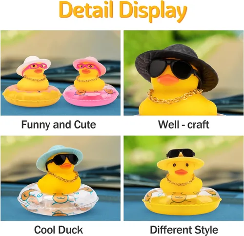 Vista 3 de wonuu Pato de goma para automóvil, decoración de pato amarillo con sombrero para el sol, anillo de natación, collar, gafas de sol para decoración