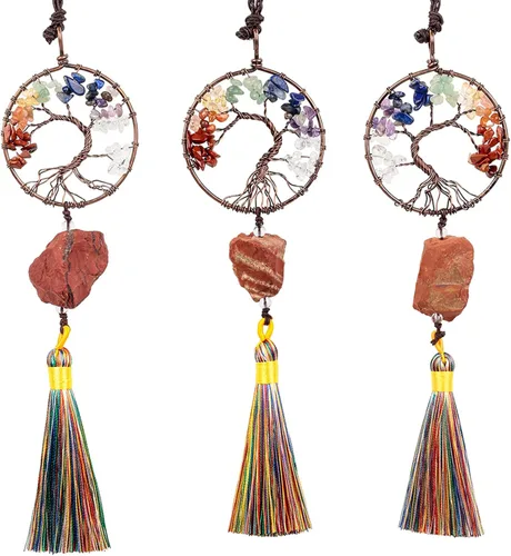 Vista 6 de rockcloud Adorno colgante de árbol de la vida de 7 chakras con borla de piedra cruda irregular para pared, automóvil, hogar, boda, jaspe rojo
