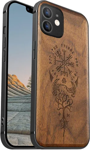 Vista 11 de Carveit Funda magnética de madera para iPhone 12 [madera real dura y TPU suave] a prueba de golpes, funda protectora híbrida única y elegante