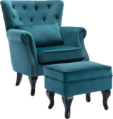 Vista 19 de Juego de 2 sillas decorativas modernas de mediados de siglo, sillón de tela de lino con respaldo acolchado/patas de madera, sillón de descanso