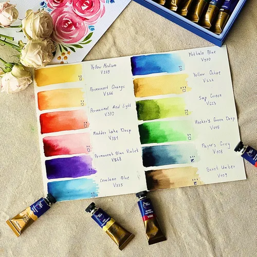 Vista 2 de Juego de pintura de acuarela de 12 colores, tubos de 0.5 fl oz, acuarelas de alto pigmento, mezcla suave y transparencia, apto para viajes,