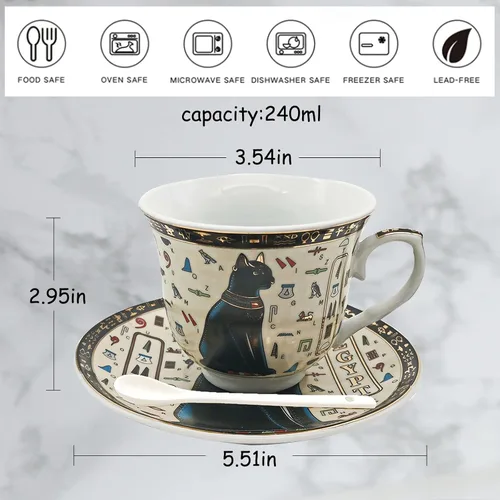 Vista 3 de Juego de taza de café egipcia y platillo, tazas de gato negro egipcio para capuchino latte juego de taza de té de 8.2 oz/8.1 fl oz, taza de cerámica