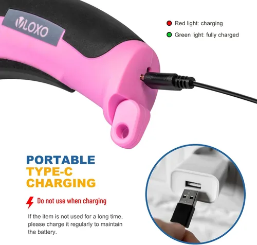 Vista 7 de VLOXO Tijeras eléctricas inalámbricas, cortador de cartón con bloqueo de seguridad, mini cortador eléctrico de 4.2 V, tijeras giratorias para Rosa
