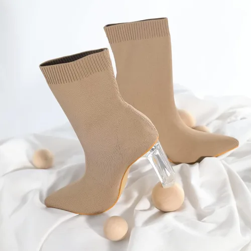 Vista 5 de Shoe'N Tale - Botas de tobillo con calcetín de punto para mujer, con punta, tacón medio transparente, fáciles de poner, botines elásticos Marrón