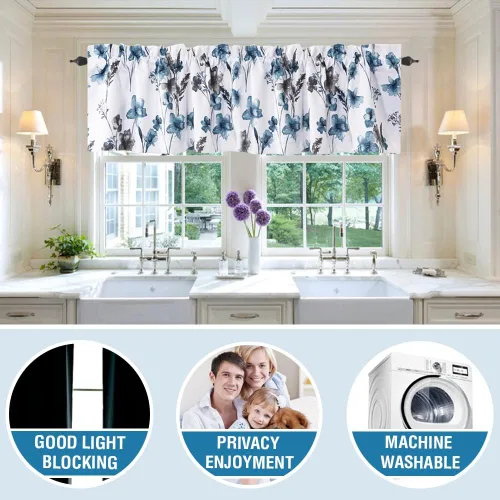Vista 6 de H.VERSAILTEX Cenefas de cortina 100% opacas para ventanas de cocina, juego de 2 paneles de Cattleya con estampado floral Leah con aislamiento