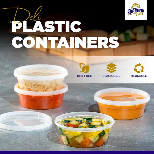 Vista 2 de Recipientes de almacenamiento de plástico con tapas [24 juegos] de 8 onzas – Contenedores de alimentos reutilizables para el hogar y los negocios
