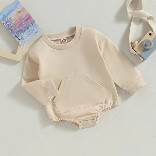 Vista 36 de Mameluco de manga larga con bloques de color para bebé, niño, niña, con bolsillo, cuello redondo, sudadera básica para otoño e invierno