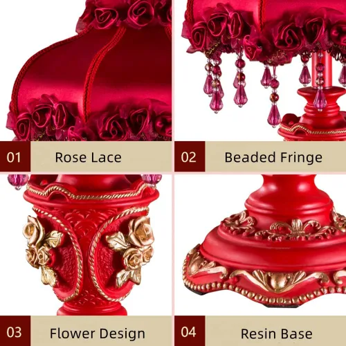 Vista 4 de Lámpara Victoriana Roja de Tela Antigua Lámpara de Mesa Pastoral Europea Lámpara de Mesita de Noche 1 Cabeza Flor Floral Luz de Mesa con Flecos