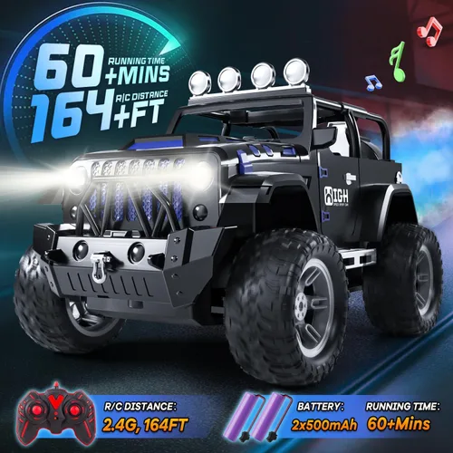 Vista 3 de Auto de control remoto 1:16 con aerosol, luces y sonido, Jeep de control remoto de 2.4 GHz para niños, todo terreno, todoterreno, Jeep RC, juguete